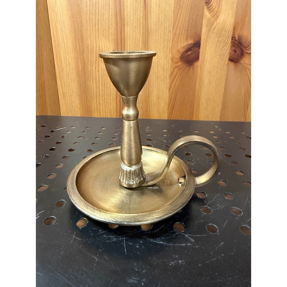 Magnolia Brass Chamberstick Candle Holder Finger Loop Handle 4" Vintage